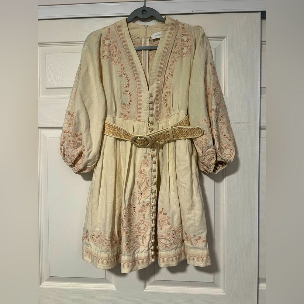 Zimmermann Estelle Embroidered Long Balloon Sleeve Linen Dress Bohemian Fairy‎